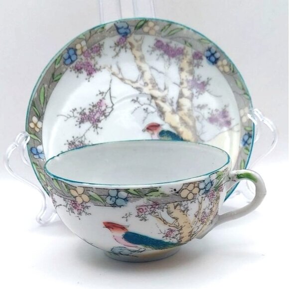 Vintage Japanese Porcelain Cup & Saucer Set MCM Handpainted Bird & Floral Design - Picture 1 of 12